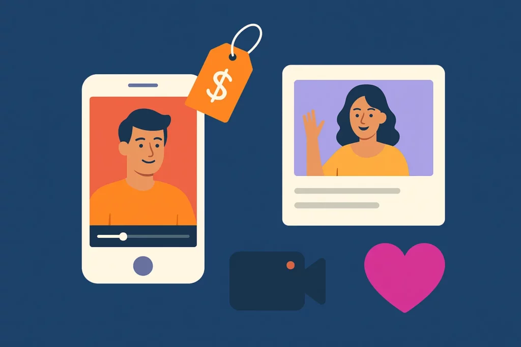 Illustration of a smartphone with a person on screen, a creator waving in another frame, and symbols representing video, pricing, and engagement