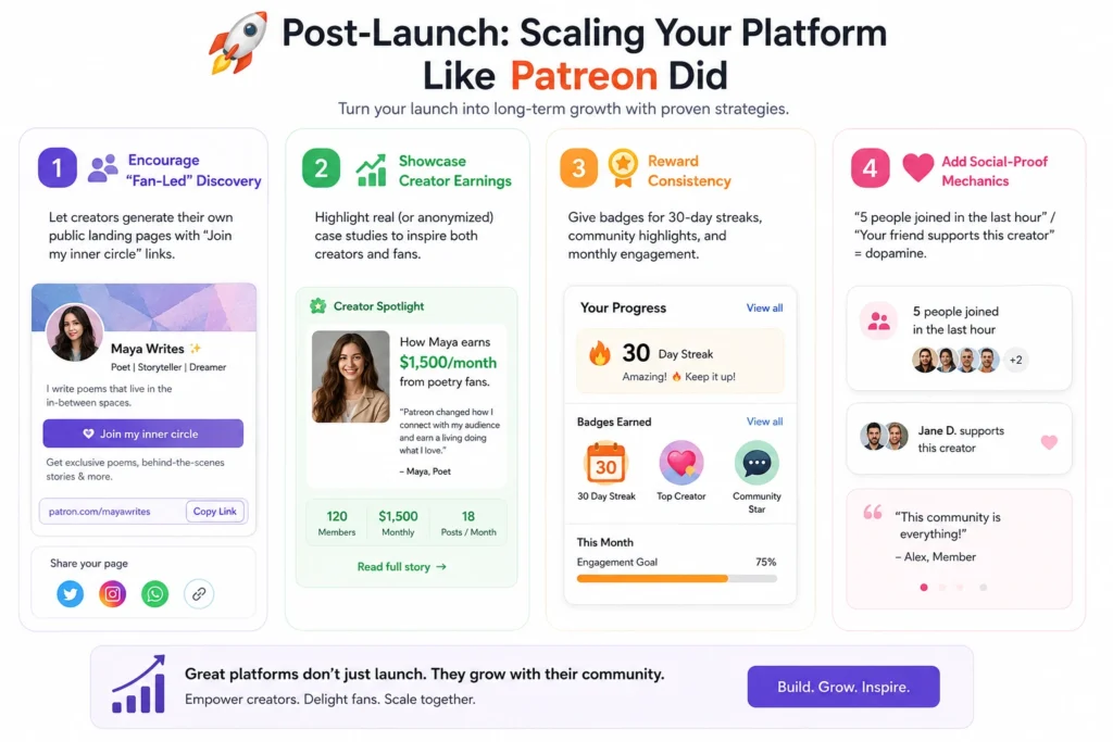 Patreon App Marketing Strategy: Turning Fans into Funders 1 Infographic showing post-launch growth strategies for Patreon-like creator platforms, including fan-led discovery, creator earnings showcases, reward systems, and social proof features
