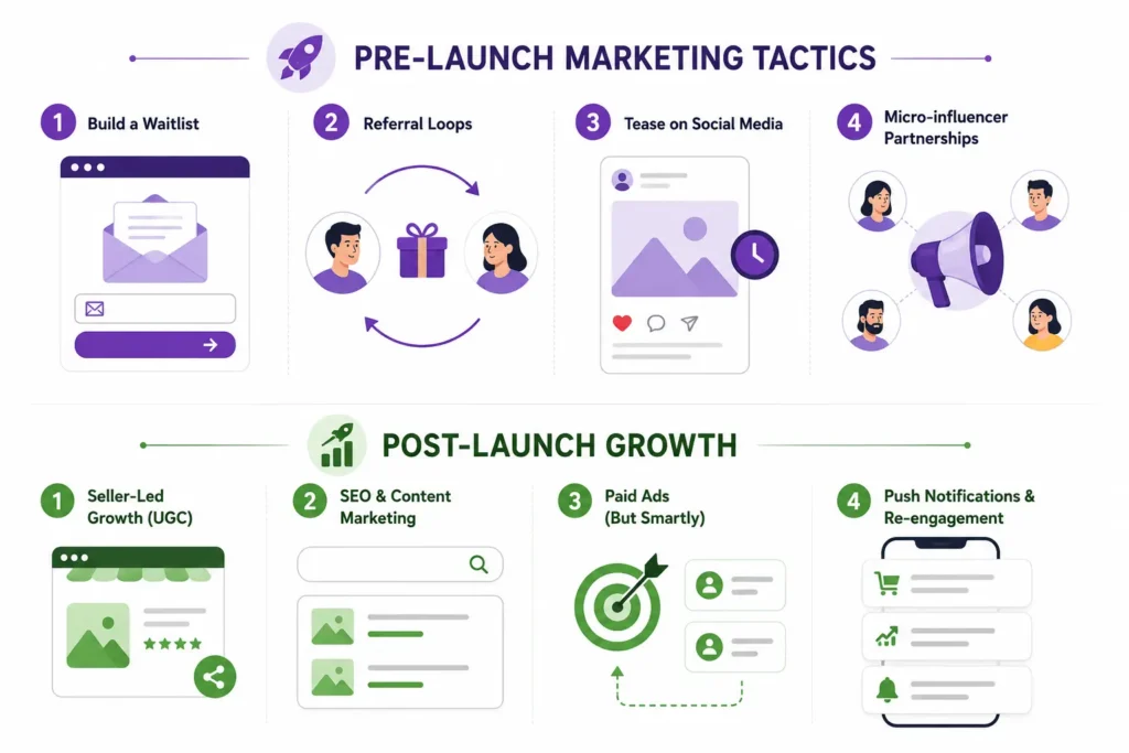 Marketing strategy infographic showing pre-launch tactics and post-launch growth steps, including waitlist building, referral loops, social media teasers, influencer partnerships, UGC, SEO, paid ads, and re-engagement notifications.