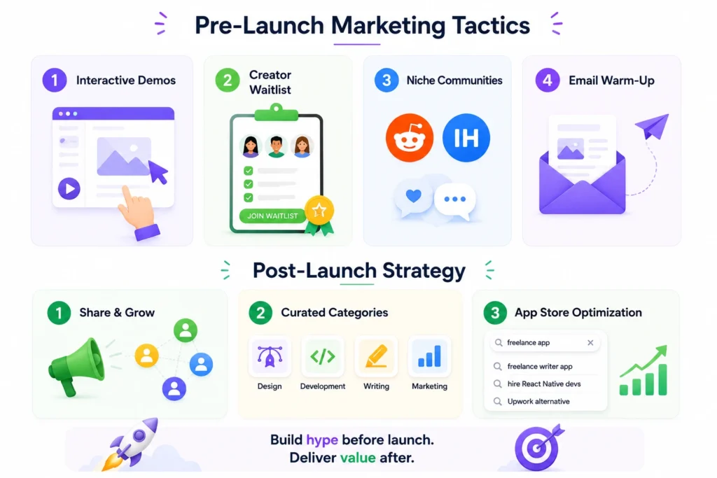 Marketing strategy infographic showing pre-launch tactics and post-launch growth steps for a freelance app, including demos, waitlists, communities, email campaigns, sharing, categories, and app store optimization.