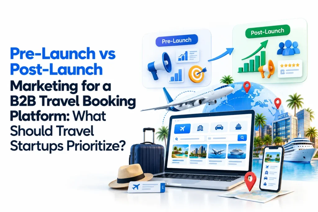 Pre-launch vs post-launch marketing strategy for a B2B travel booking platform focused on startup growth, acquisition, and booking performance.
