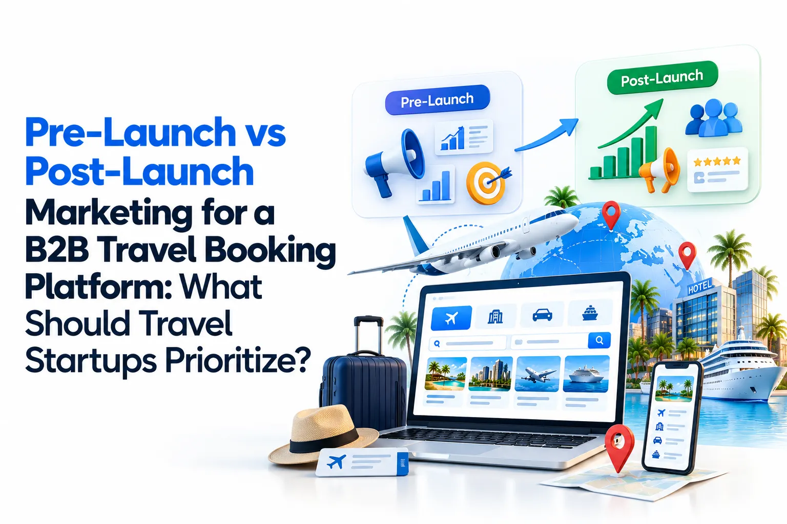 Pre-launch vs post-launch marketing strategy for a B2B travel booking platform focused on startup growth, acquisition, and booking performance.