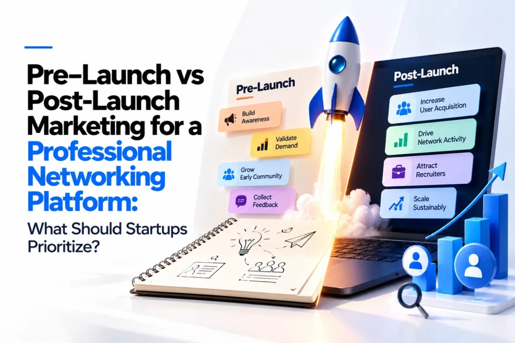 Pre-launch vs post-launch marketing for a professional networking platform