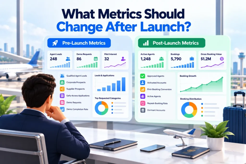 Pre-Launch vs Post-Launch Marketing for a B2B Travel Booking Platform: What Should Travel Startups Prioritize? 2 Pre-launch vs post-launch metrics for a B2B travel booking platform, including agent activation, bookings, conversion, and booking value.