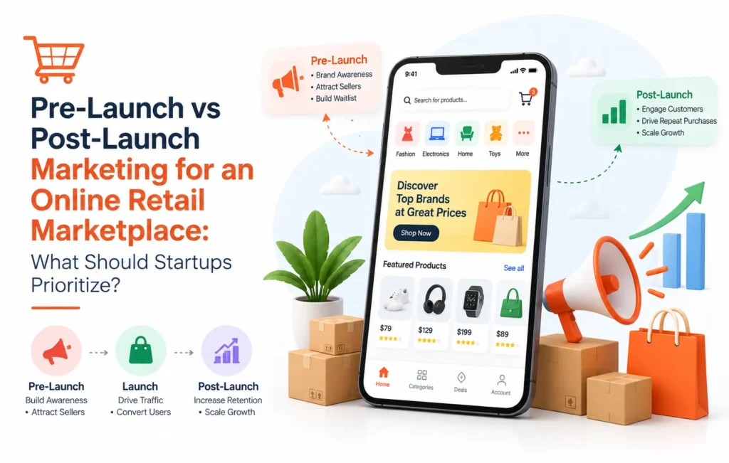Pre-launch vs post-launch marketing for an online retail marketplace showing brand awareness, seller acquisition, customer engagement, repeat purchases, and scalable growth.