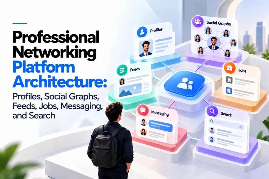 Professional networking platform architecture with profiles, social graphs, feeds, jobs, messaging, and search