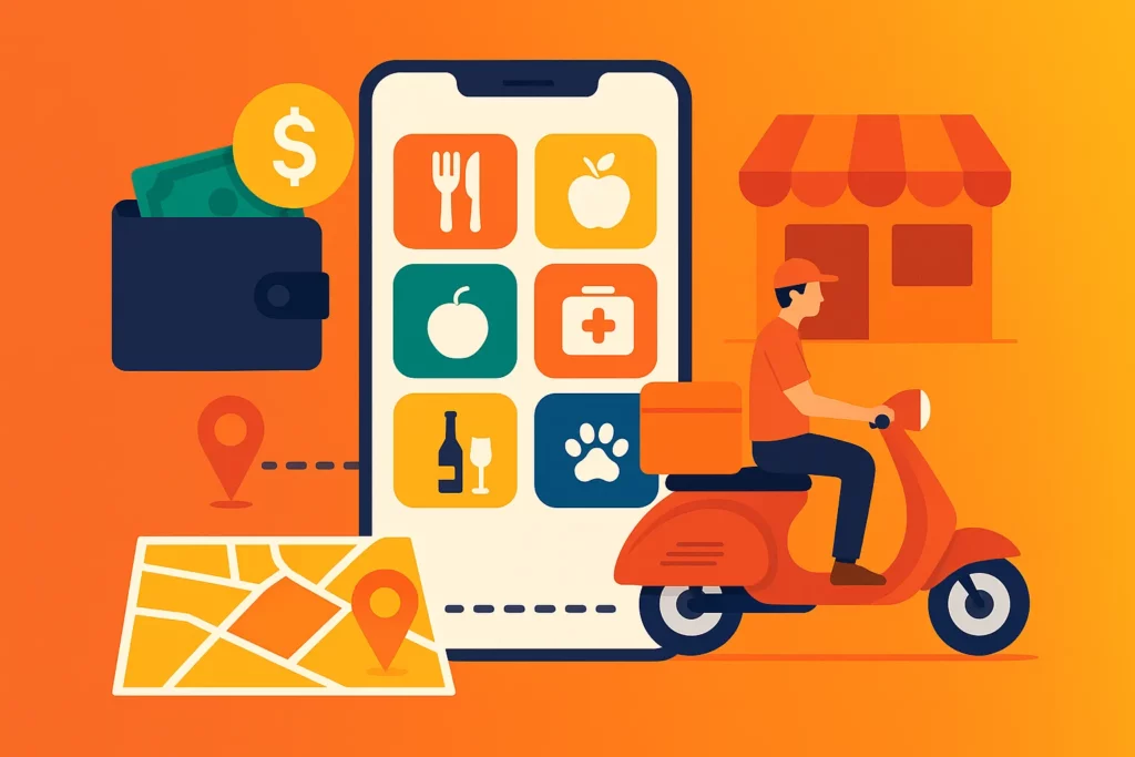 Illustration of a super app interface with delivery icons, rider on scooter, storefront, wallet, and GPS — representing Rappi clone app features