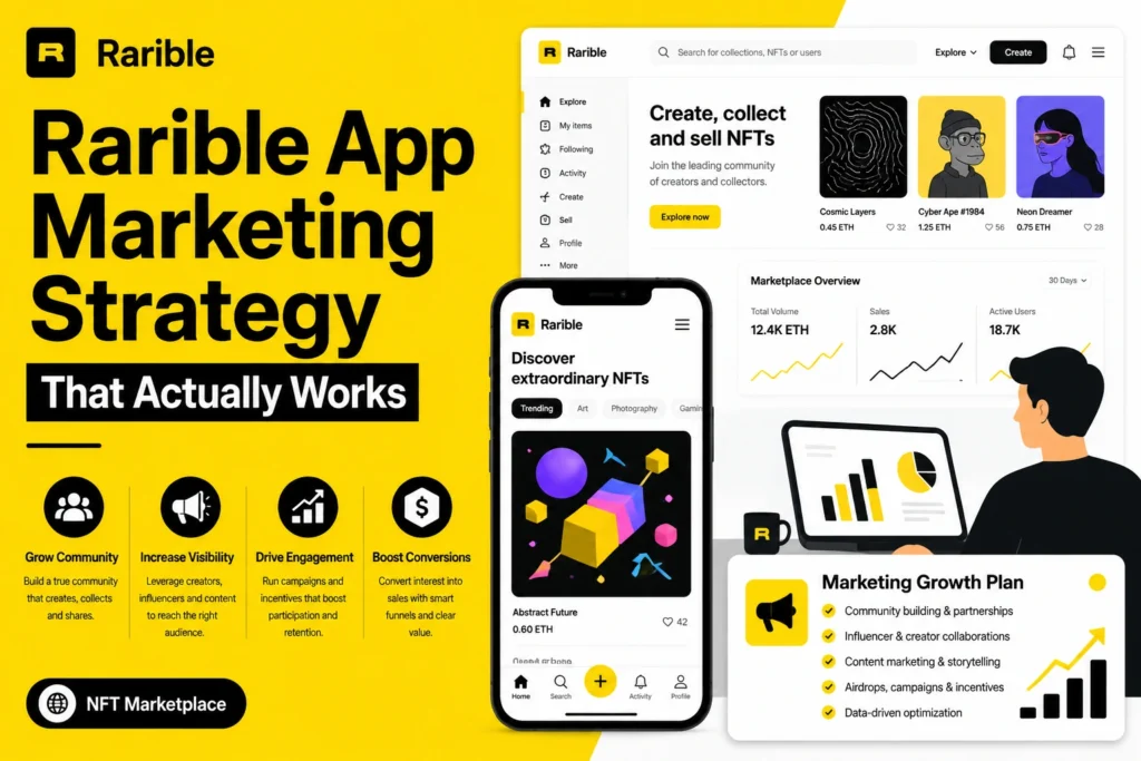 Infographic illustrating Rarible's NFT marketplace marketing strategy, featuring community growth, creator engagement, influencer collaborations, NFT campaigns, and data-driven marketing optimization.