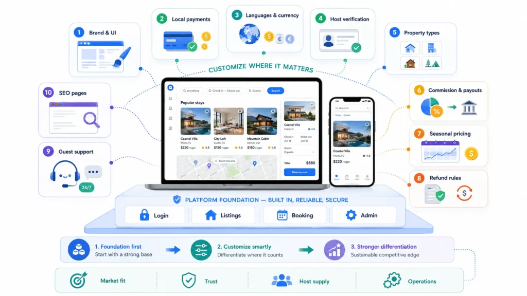 Ready-made rental platform customization covering branding, local payments, languages, host verification, property types, commissions, pricing, refunds, support, and SEO