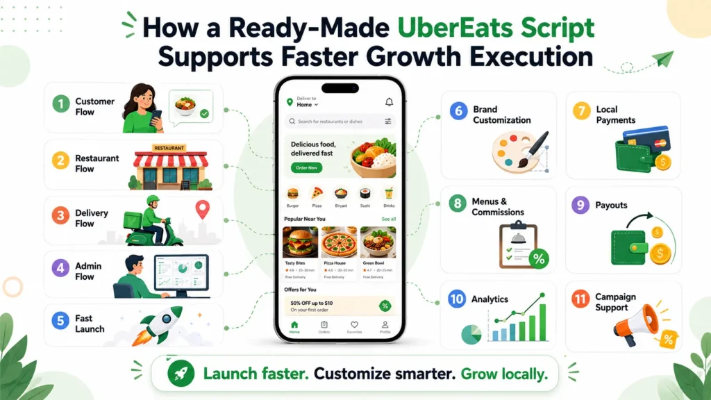 UberEats App Marketing Strategy: How to Deliver Growth with Every Order 2 Ready-made UberEats script showing customer flow, restaurant flow, delivery flow, admin flow, fast launch, brand customization, local payments, menus, commissions, payouts, analytics, and campaign support