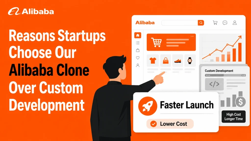 Flat corporate illustration showing startups choosing an Alibaba clone platform over custom development for faster launch and lower cost.