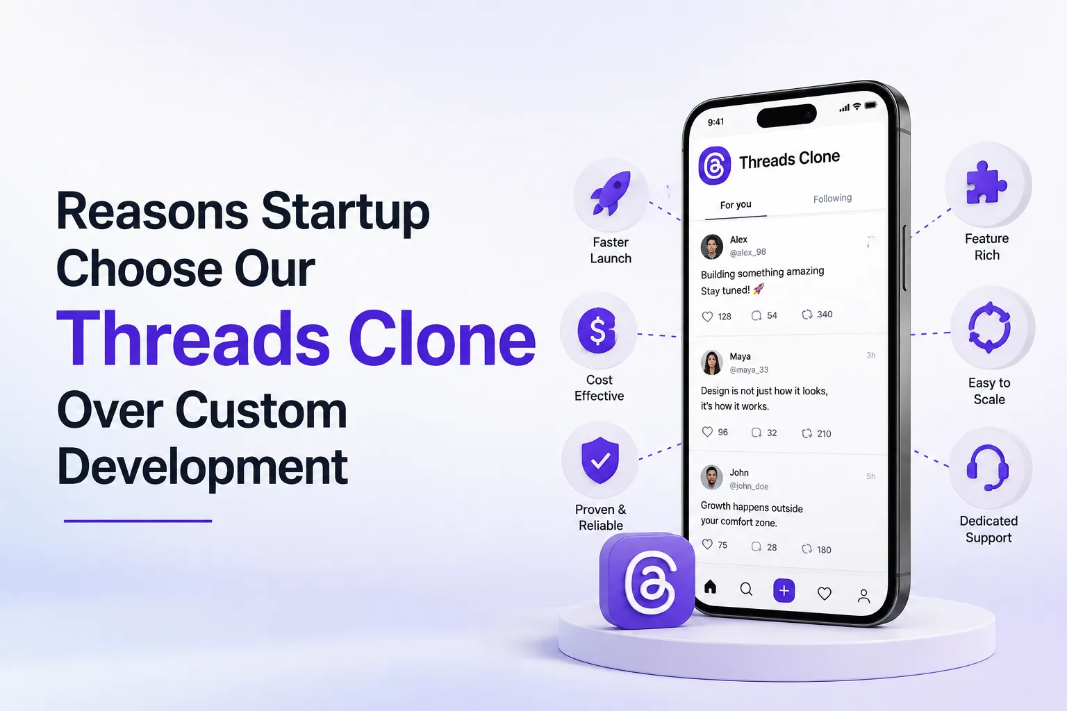 Reasons startups choose a Threads clone over custom development for faster launch, lower cost, scalability, and dedicated support