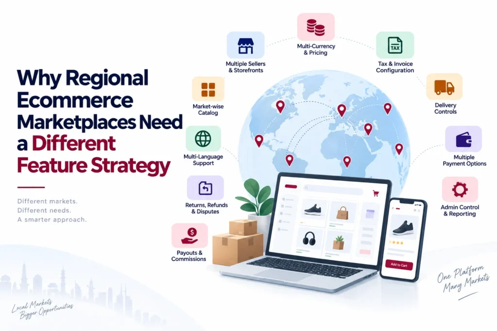 Regional ecommerce marketplace feature strategy showing multi-currency pricing, tax and invoice configuration, multiple sellers, market-wise catalogs, multilingual support, delivery controls, payments, refunds, commissions, and admin reporting