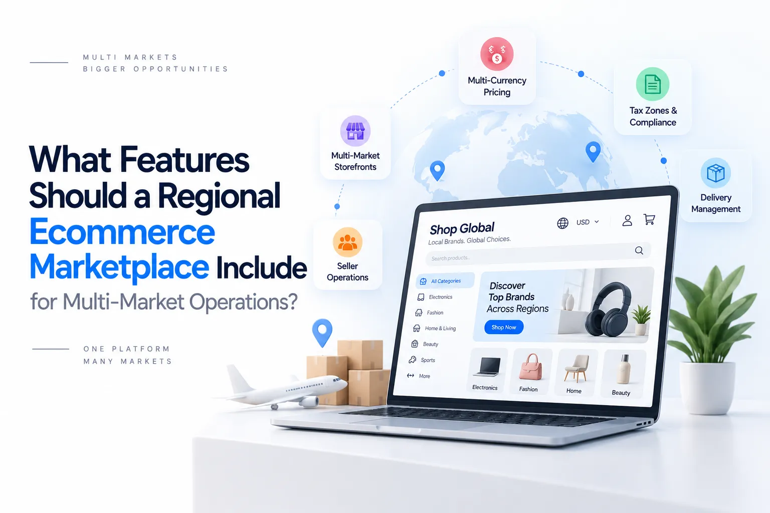 Regional ecommerce marketplace features for multi-market operations including multi-currency pricing, tax zones, seller operations, storefronts, and delivery management