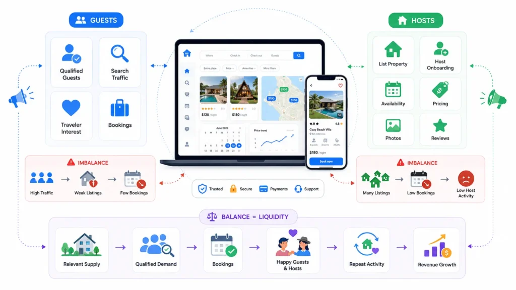 Rental marketplace liquidity showing balanced host supply, qualified guest demand, bookings, repeat activity, and revenue growth