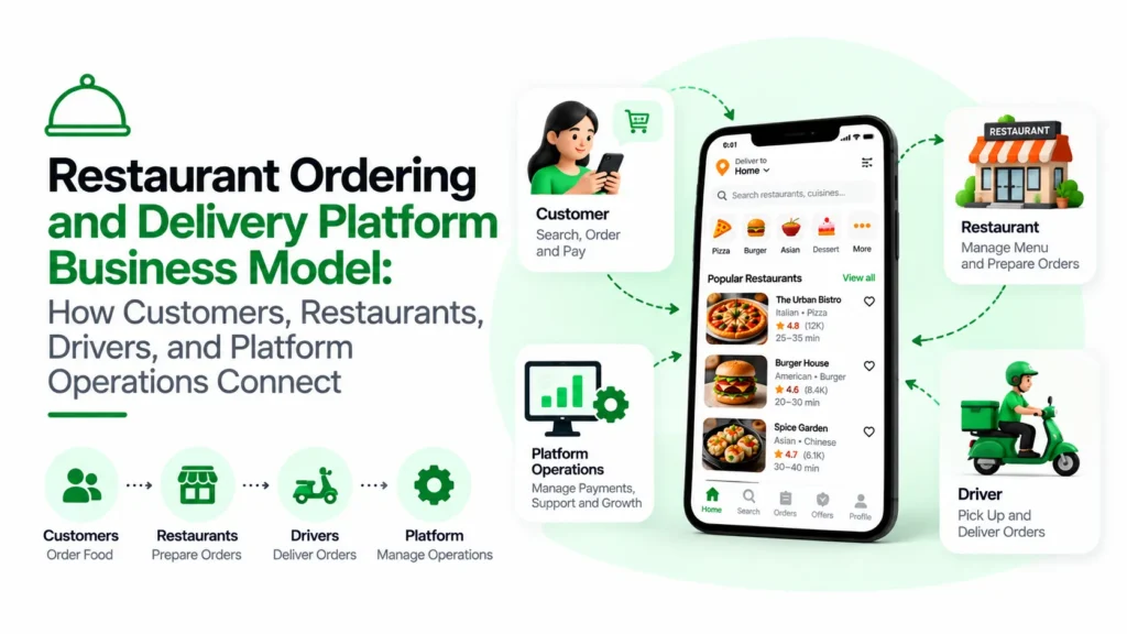 Restaurant ordering and delivery platform connecting customers, restaurants, drivers, and platform operations