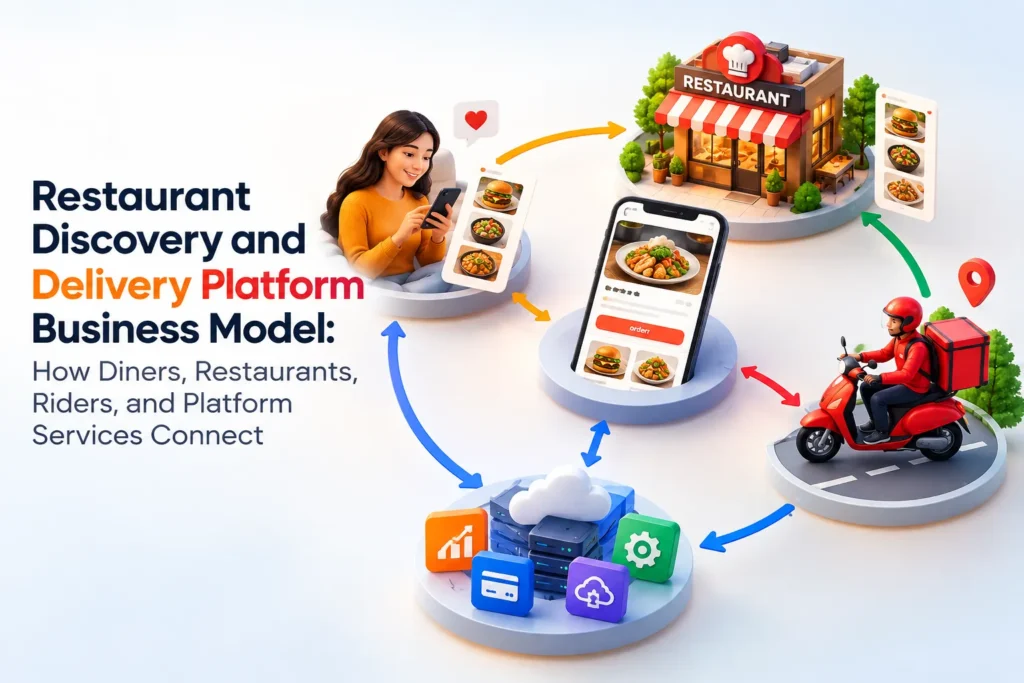 Restaurant discovery and delivery platform business model showing how customers, restaurants, delivery riders, and platform services connect.