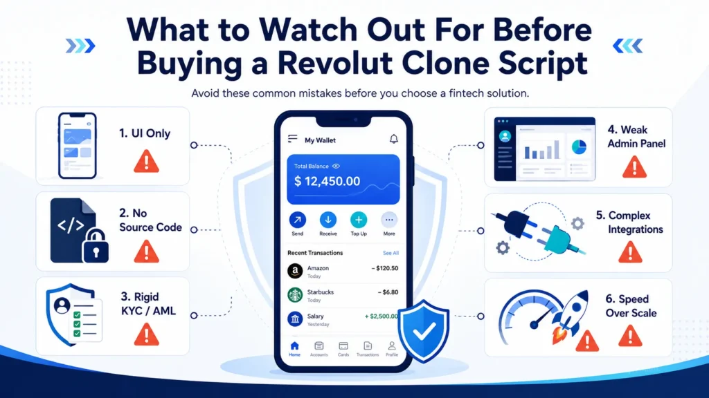 Best Revolut Clone Script in 2026: Features & Pricing Compared 2 Revolut clone script buying checklist showing common fintech mistakes like UI-only apps, no source code, rigid KYC AML, weak admin panel, complex integrations, and speed over scale