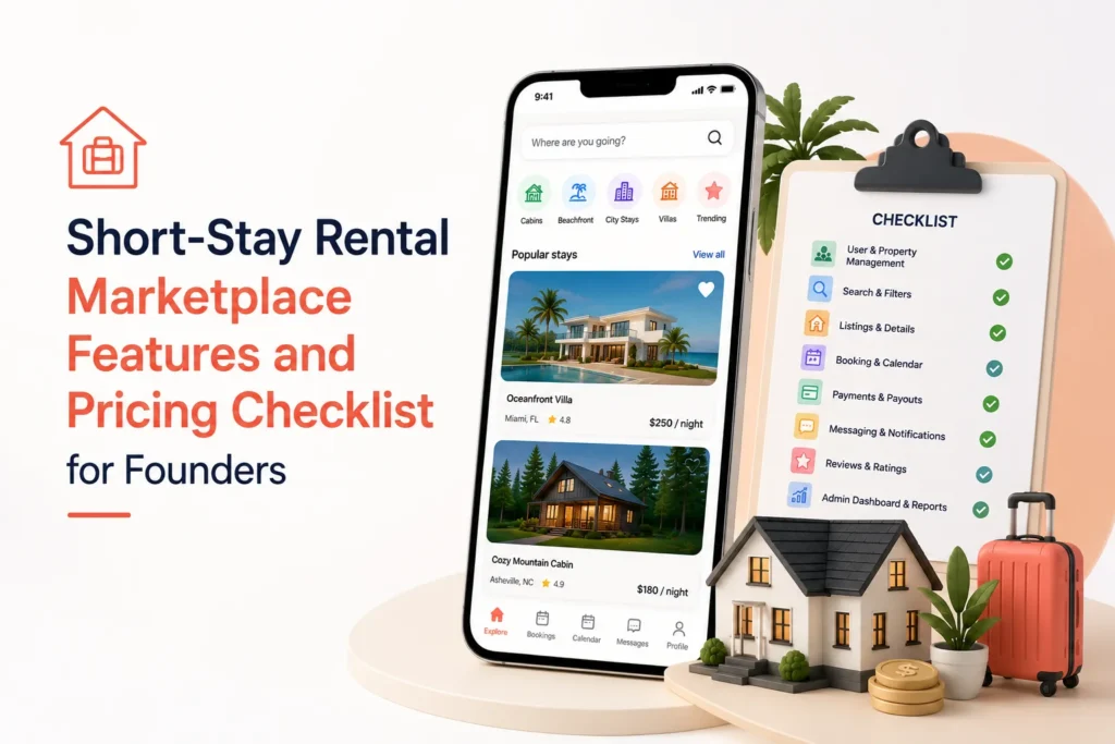 Short-stay rental marketplace features and pricing checklist covering property management, search, listings, bookings, payments, messaging, reviews, and admin reports