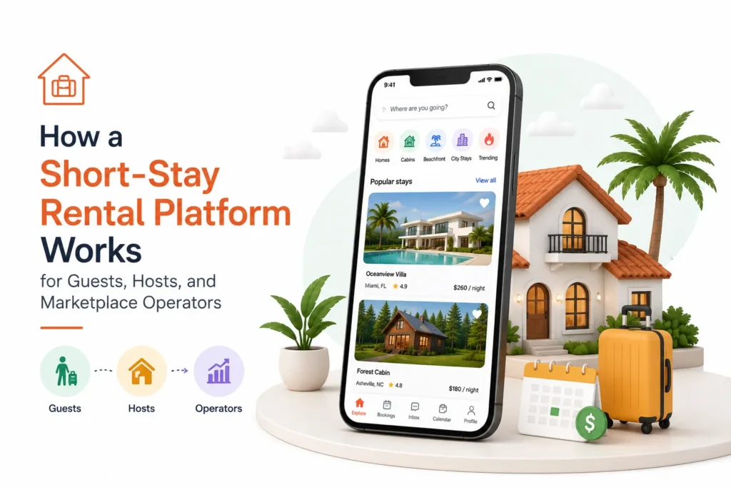 Short-stay rental platform showing how guests, hosts, and marketplace operators manage listings, bookings, calendars, payments, and stays
