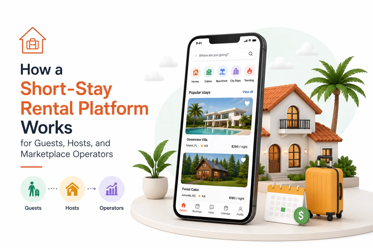 Short-stay rental platform showing how guests, hosts, and marketplace operators manage listings, bookings, calendars, payments, and stays