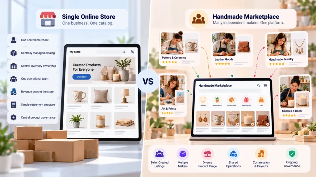 Comparison between a single online store and a handmade marketplace platform with multiple independent makers, seller-created listings, commissions, payouts, and shared marketplace operations.