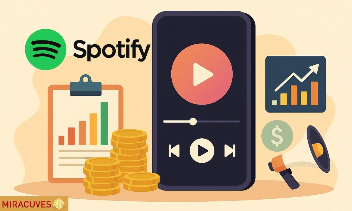 Digital illustration showing Spotify’s revenue model including charts, coins, and a music interface
