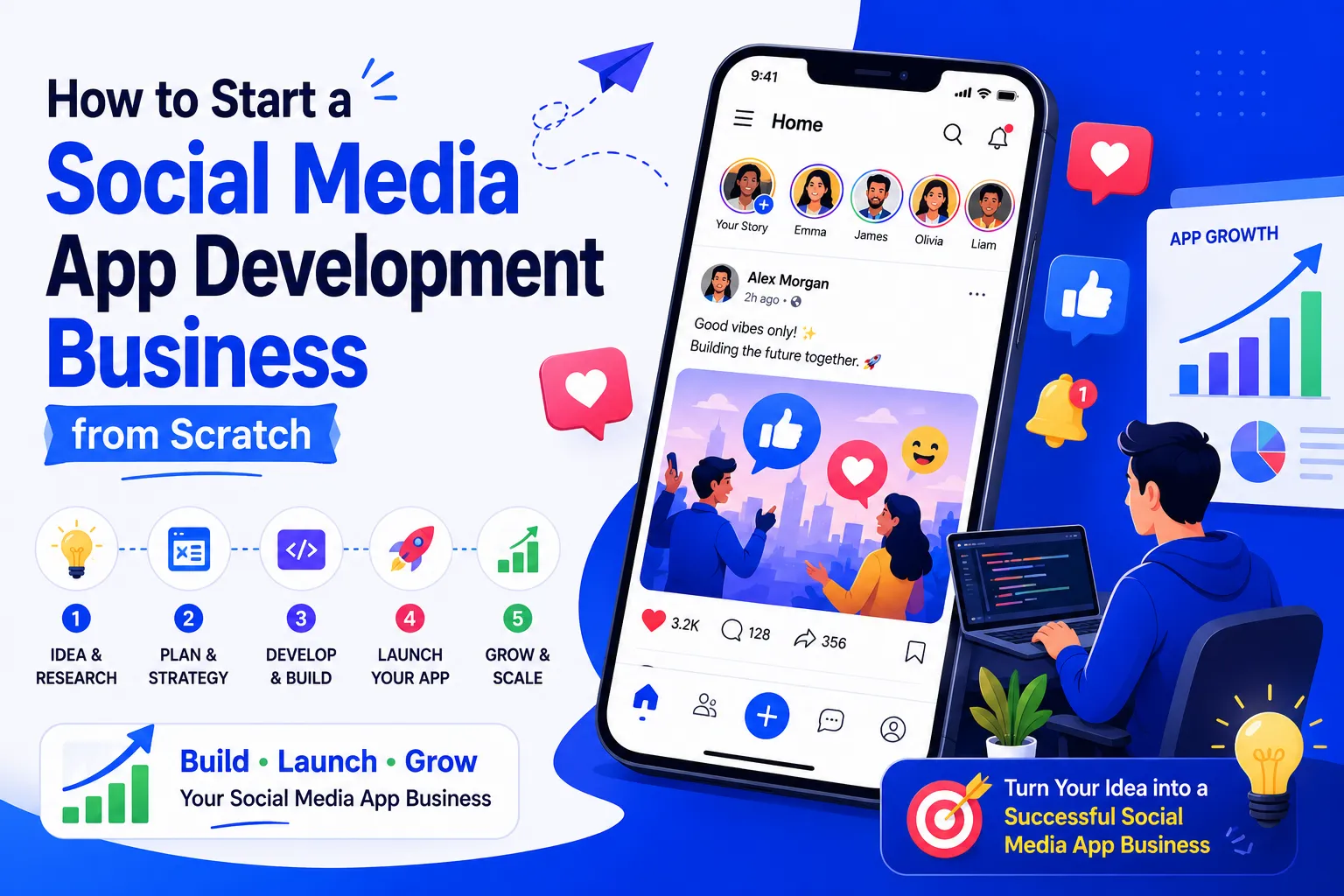 Social media app development business infographic showing idea research, planning, app development, launch, growth, social feed UI, engagement icons, and app growth dashboard.