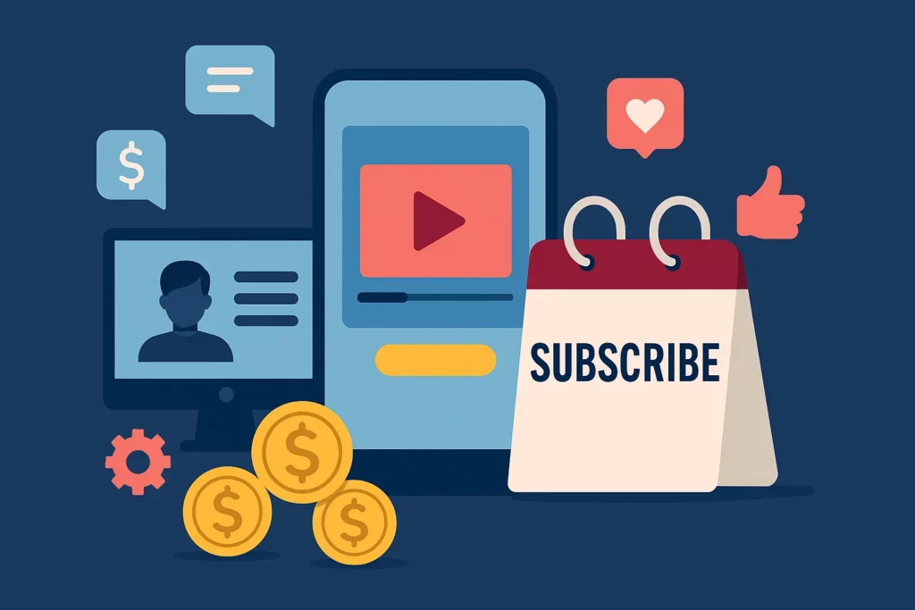 Illustration of a subscription-based content platform concept, including a smartphone with a video play button, coins, a subscribe bag, a user profile, and digital icons representing technology, media, and money