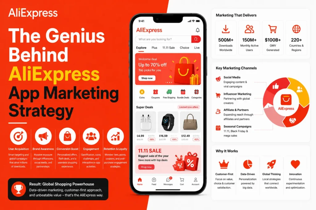 Infographic illustrating AliExpress app marketing strategy, featuring user acquisition, brand awareness, conversion optimization, engagement, loyalty programs, key marketing channels, and global eCommerce growth metrics.