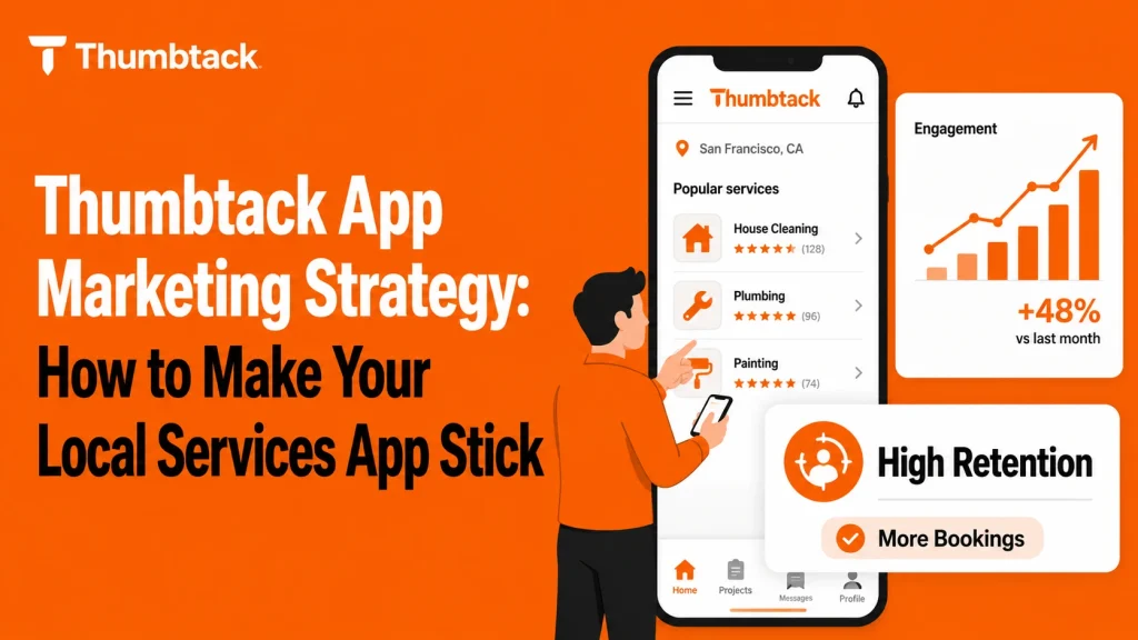 Flat corporate illustration showing a Thumbtack-style local services app with engagement growth, high retention, and more bookings.