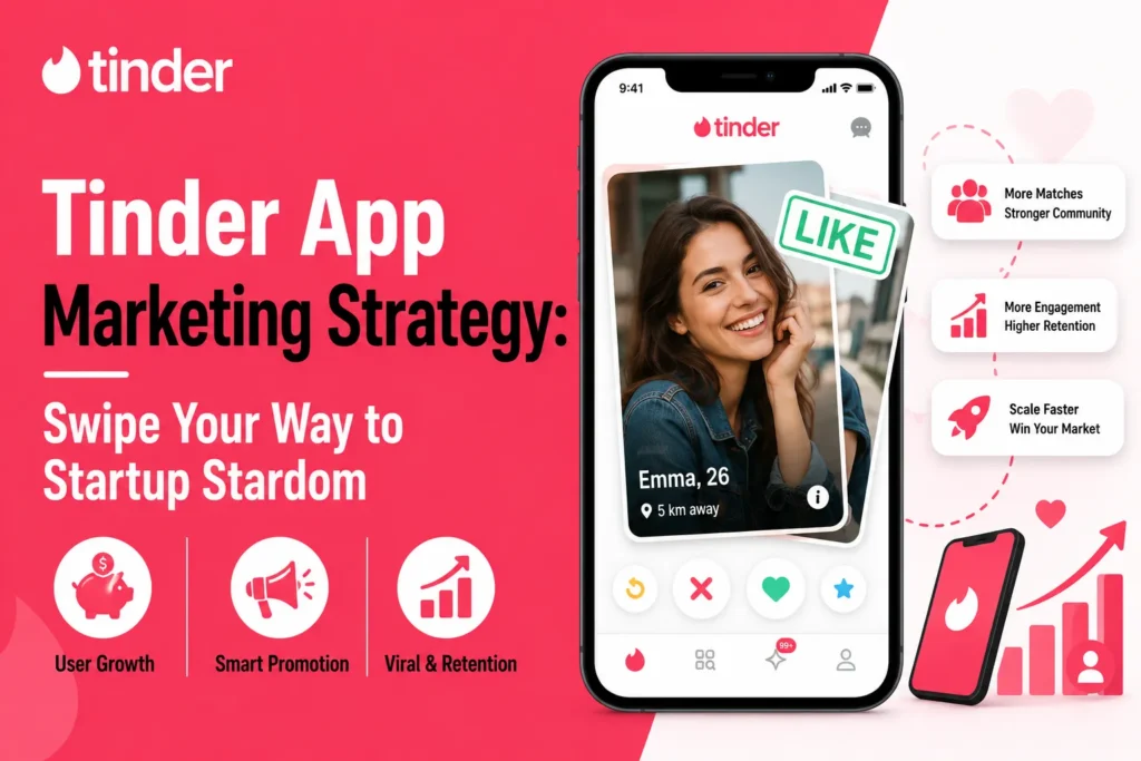 Tinder app marketing strategy featured image showing dating app swipe interface, like button, user profile, growth chart, mobile app promotion, user growth, engagement, retention, and startup scaling benefits.