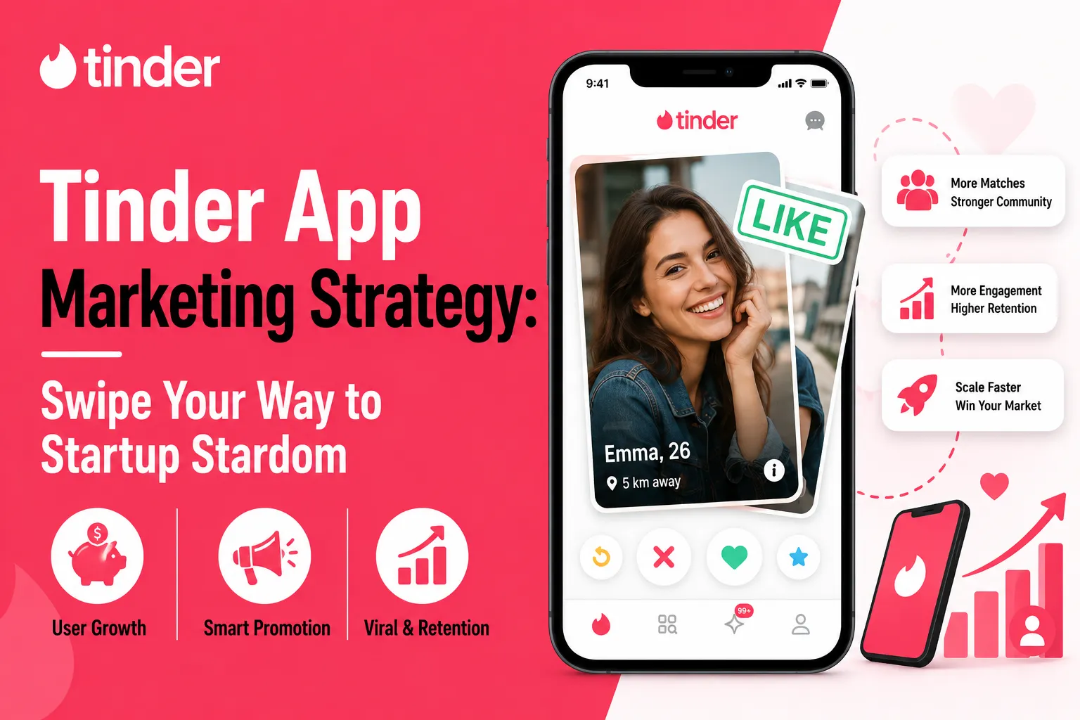 Tinder app marketing strategy featured image showing dating app swipe interface, like button, user profile, growth chart, mobile app promotion, user growth, engagement, retention, and startup scaling benefits.