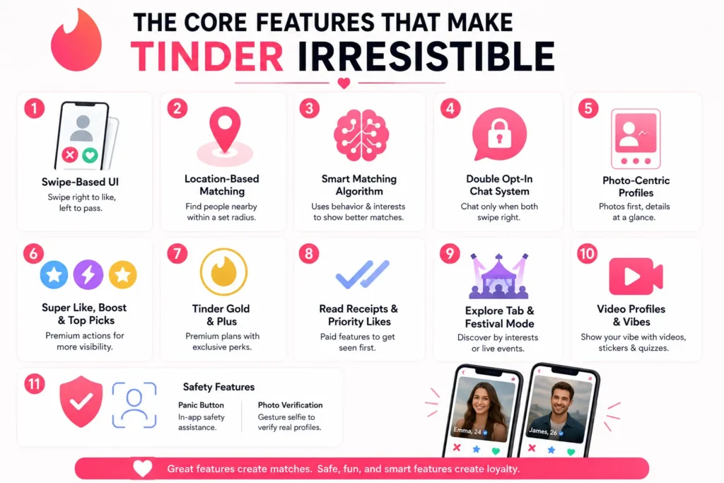 Tinder core features infographic showing swipe-based UI, location-based matching, smart algorithm, double opt-in chat, photo profiles, premium features, video profiles, and safety tools.