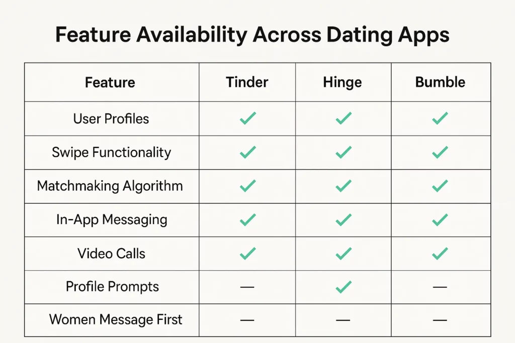 tinder hinge bumble feature comparison table