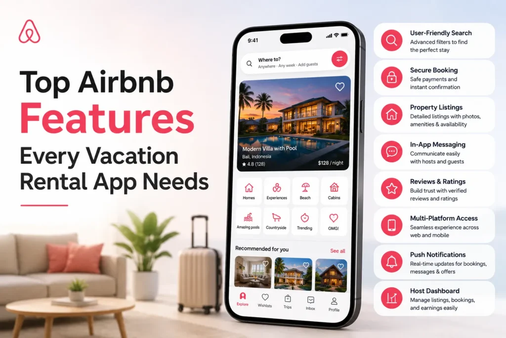 Top Airbnb features every vacation rental app needs, including search, secure booking, listings, messaging, reviews, and host dashboard