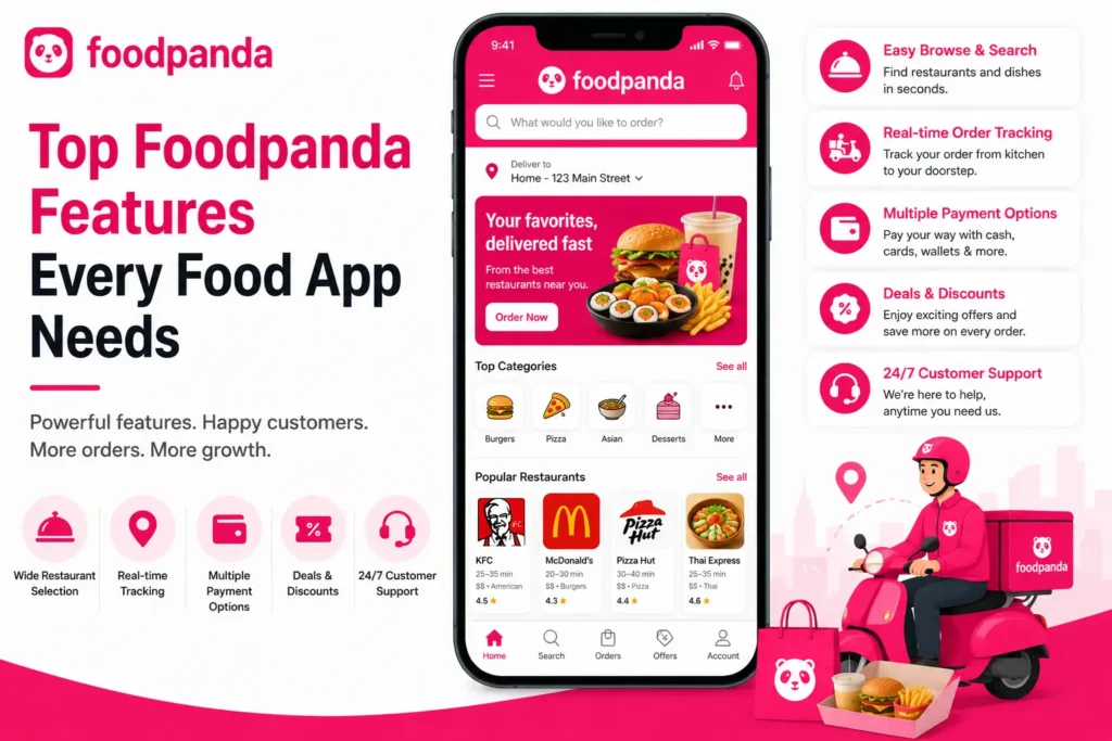 Foodpanda app features graphic showing a food delivery interface, restaurant listings, search bar, order tracking, payment options, discounts, customer support, and delivery rider.