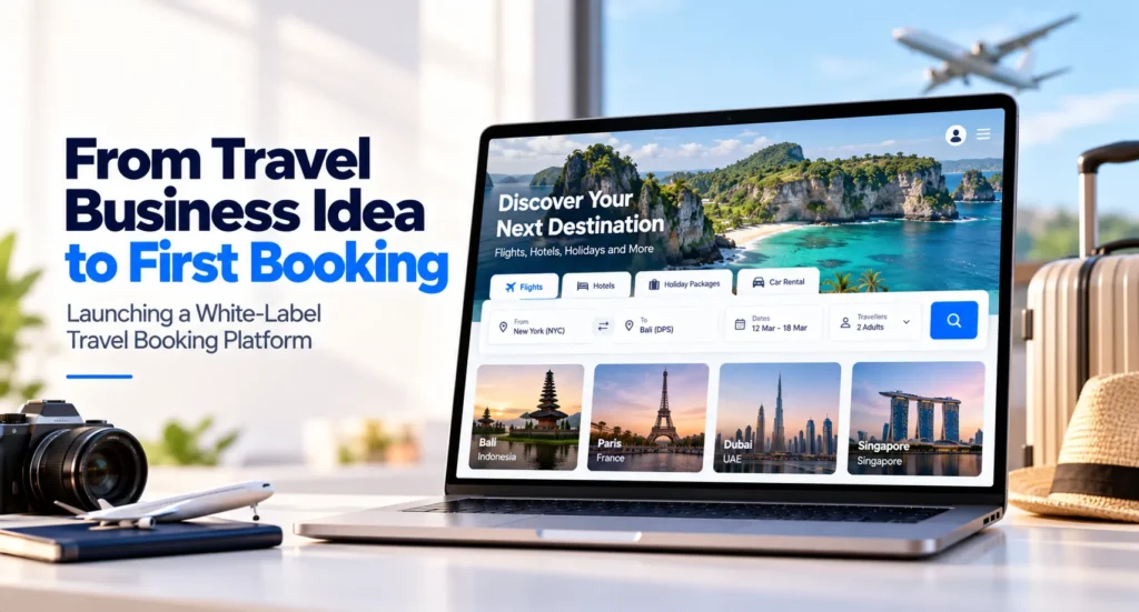 White-label travel booking platform showing flights, hotels, holiday packages, car rentals, destination search, and first-booking journey