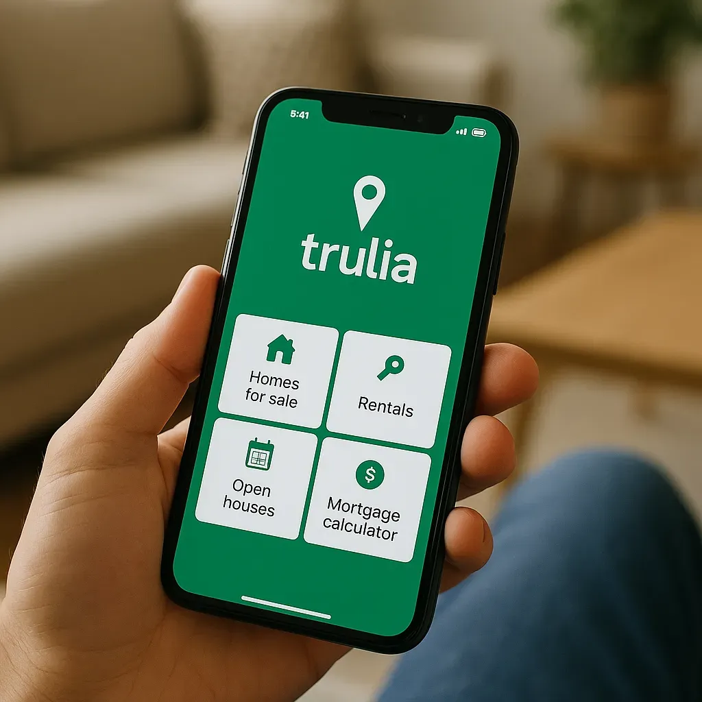 A close-up of a hand holding a smartphone displaying the Trulia real estate app interface with service icons like Homes for Sale, Rentals, Open Houses, and Mortgage Calculator, against a warm, softly blurred living room background.