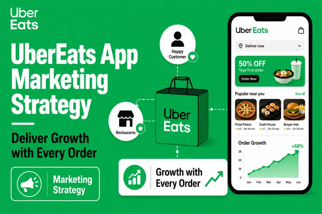 Featured image for UberEats app marketing strategy showing food delivery app interface, restaurant partnerships, customer retention, order growth, promotions, and delivery-based growth strategy.