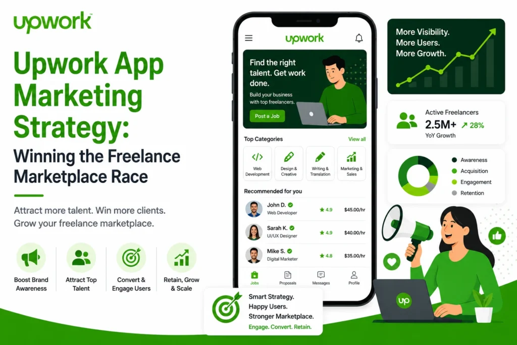 Upwork app marketing strategy graphic showing a freelance marketplace interface, growth analytics, active freelancers, engagement funnel, megaphone promotion, and user retention elements.