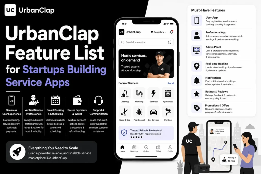 Infographic showcasing the essential features of an UrbanClap-style service marketplace app, including user app, professional app, admin panel, booking system, payments, tracking, notifications, and reviews.