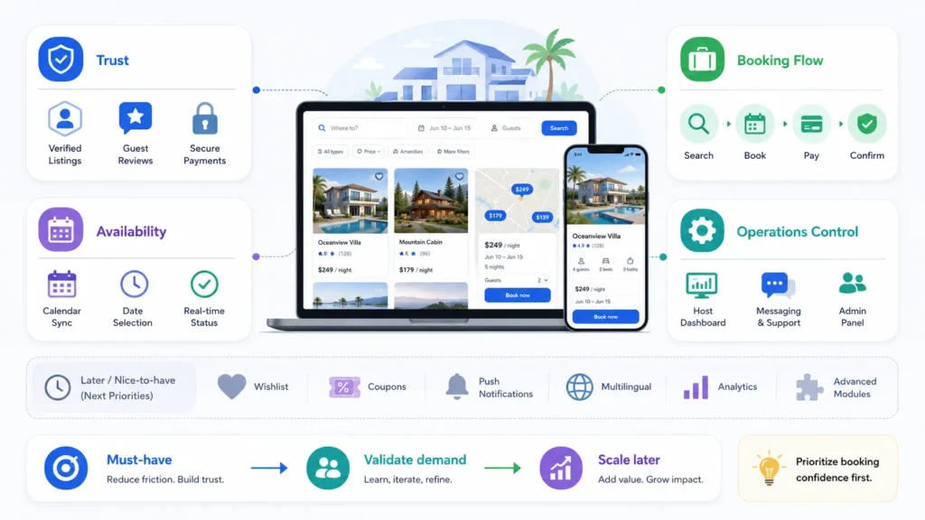 Vacation rental marketplace booking validation features showing trust, availability, booking flow, payments, host dashboard, messaging, and admin controls