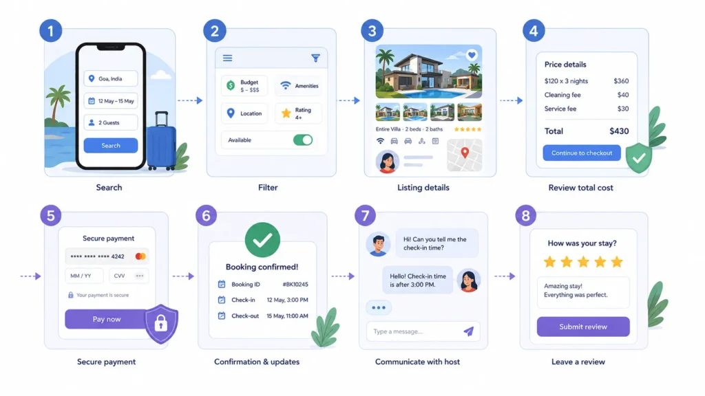 Vacation rental guest booking journey from property search and filters to secure payment, confirmation, host messaging, and reviews
