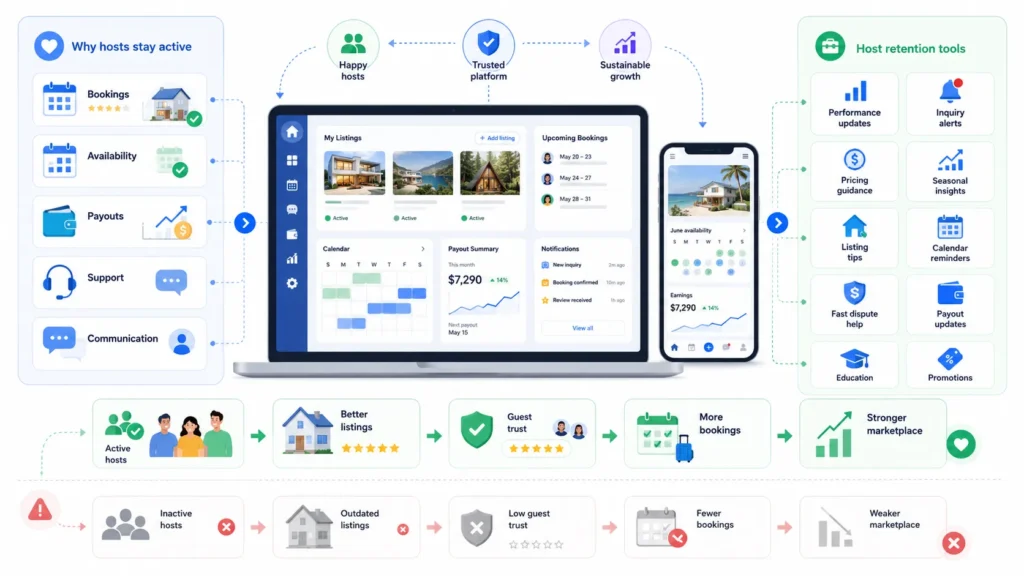Vacation rental host retention strategy showing bookings, availability, payouts, support, communication, pricing guidance, and performance updates