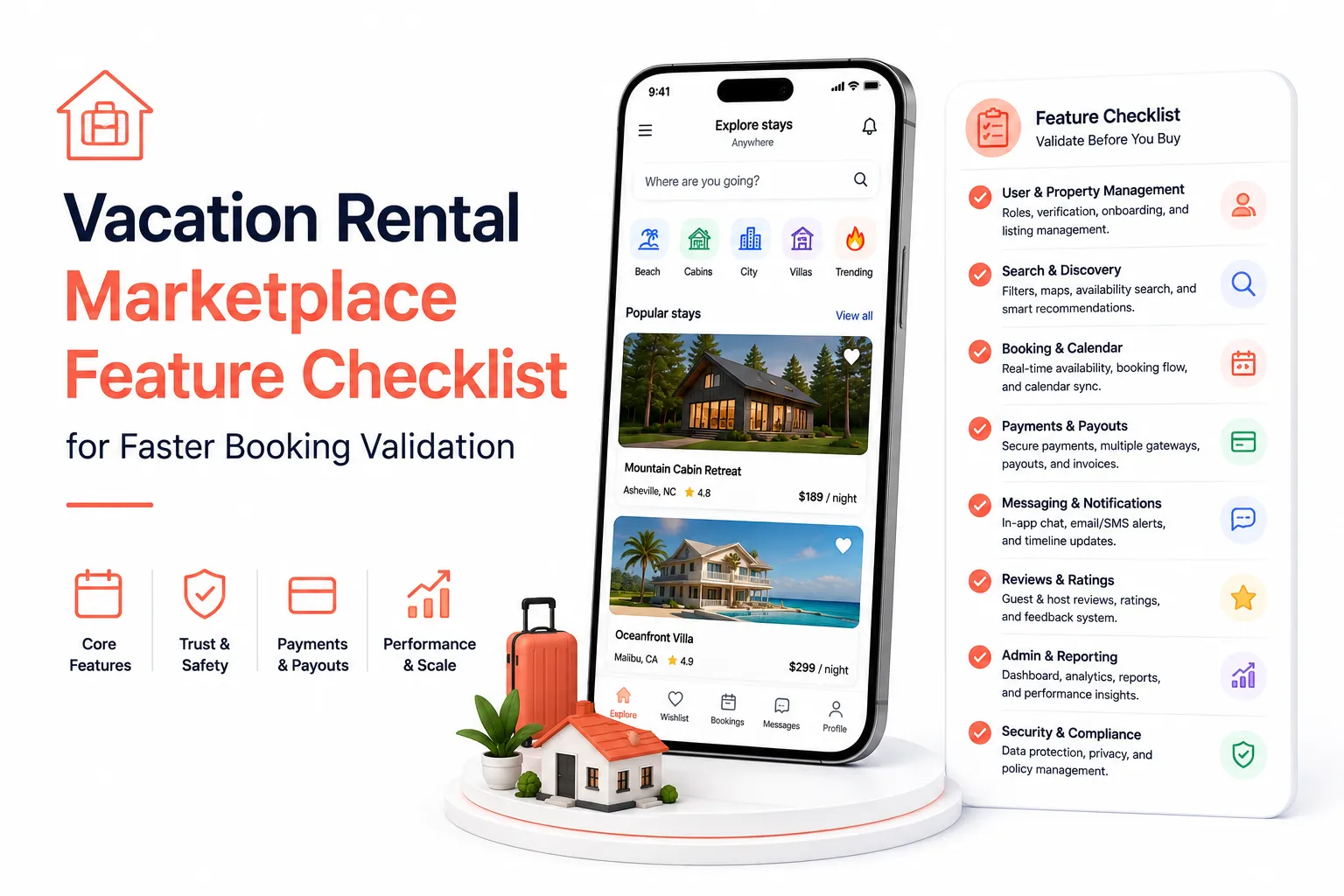 Vacation rental marketplace feature checklist covering property management, search, booking, payments, messaging, reviews, admin tools, and security