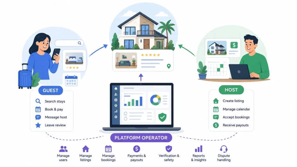 Short-Stay Rental Marketplace Features and Pricing Checklist for Founders 1 Vacation rental marketplace showing guest, host, and platform operator roles across bookings, listings, payments, payouts, safety, and reporting