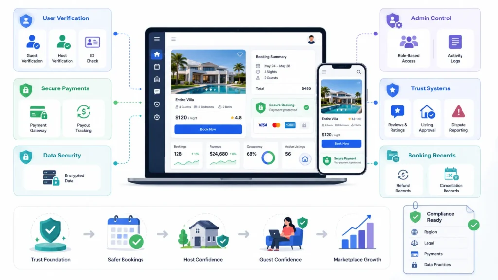 Short-Stay Rental Marketplace Features and Pricing Checklist for Founders 2 Vacation rental marketplace security features including user verification, secure payments, encrypted data, admin controls, reviews, disputes, and booking records