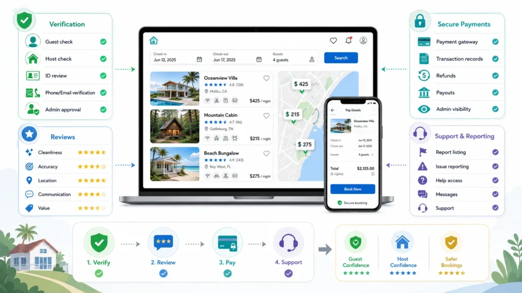 acation rental platform trust features including guest and host verification, reviews, secure payments, refunds, payouts, support, and reporting