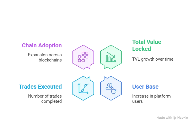 Infographic showing GMX’s clone decentralized trading platform growth with metrics like TVL, user base, and chain adoption